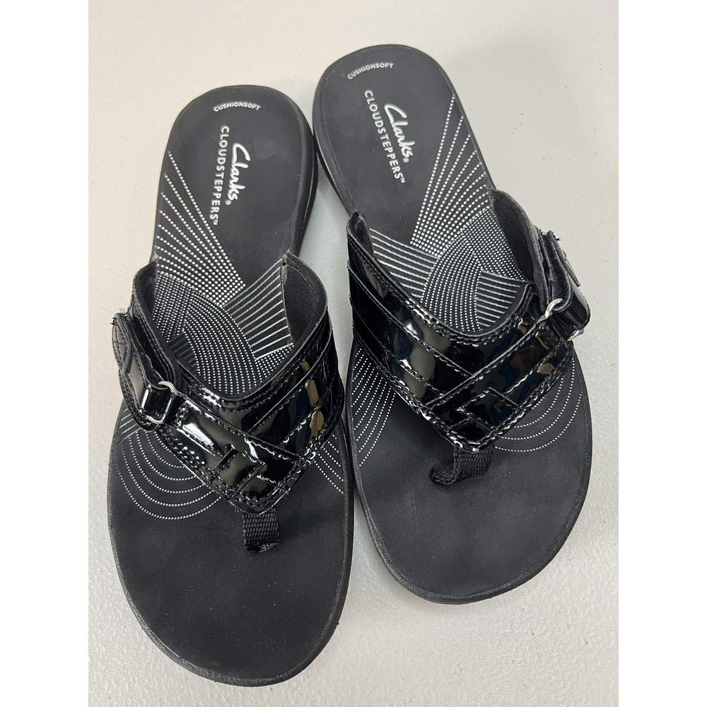 Clarks Cloudsteppers Sandals Womens Size 7 Black Thong Wedge Comfort CushionSoft